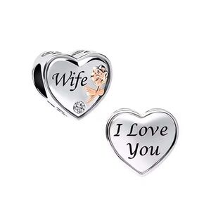 Heart 'Wife' and 'I Love You' Sterling-Style Charm Silver with Rose Accent